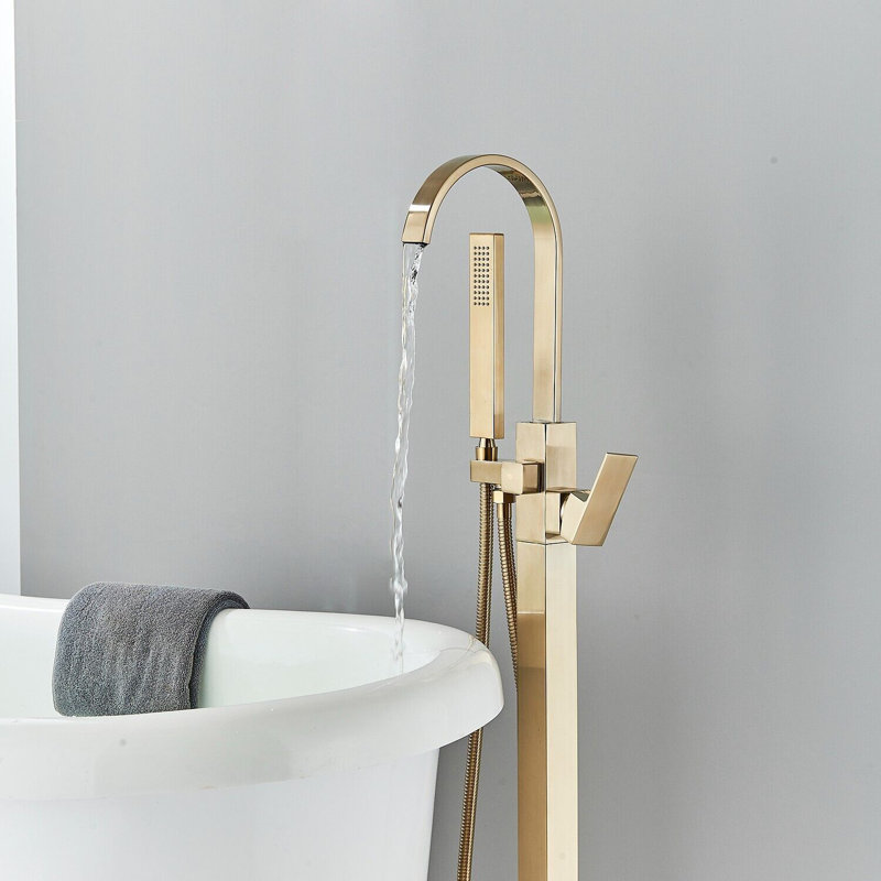 1 Handle Floor Mounted Waterfall Faucet with Diverter, Brushed Gold