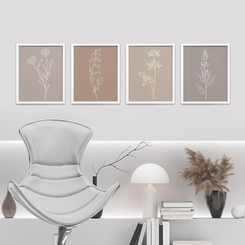 «Wildflower», dessin de silhouettes encadrées, 4 pièces, H 16 po x l 12 po x P 1 po, Cadre blanc