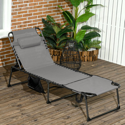 Outdoor Tanning Lounge Chair With Breathable Surface, 5-Level Recline, Side Pocket, , Grey For Beach, Yard Patio 5 Level Reclining, Head Pillow, Reading Hole, Grey, Foldable Relax
