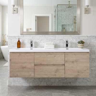 Meuble-lavabo mural en mélamine de bois naturel de 60 po avec lavabo intégré en résine, tiroirs et charnières de porte à fermeture amortie, entièrement assemblé.