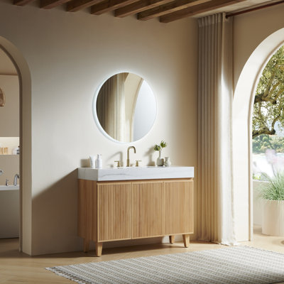 Meuble-lavabo LULA 48, meuble sur pied, plateau en marbre naturel blanc ivoire et lavabo en céramique avec 3 trous pré-percés pour robinetterie, démonté, sans robinetterie ni bonde, couleur bois naturel