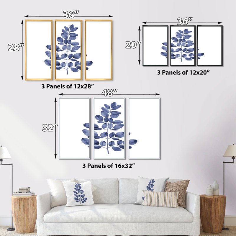 Bleu marine eucalyptus II - 3 pièces, reproduction sur toile, Cadre blanc, H 32 po x l 48 po x P 1 po