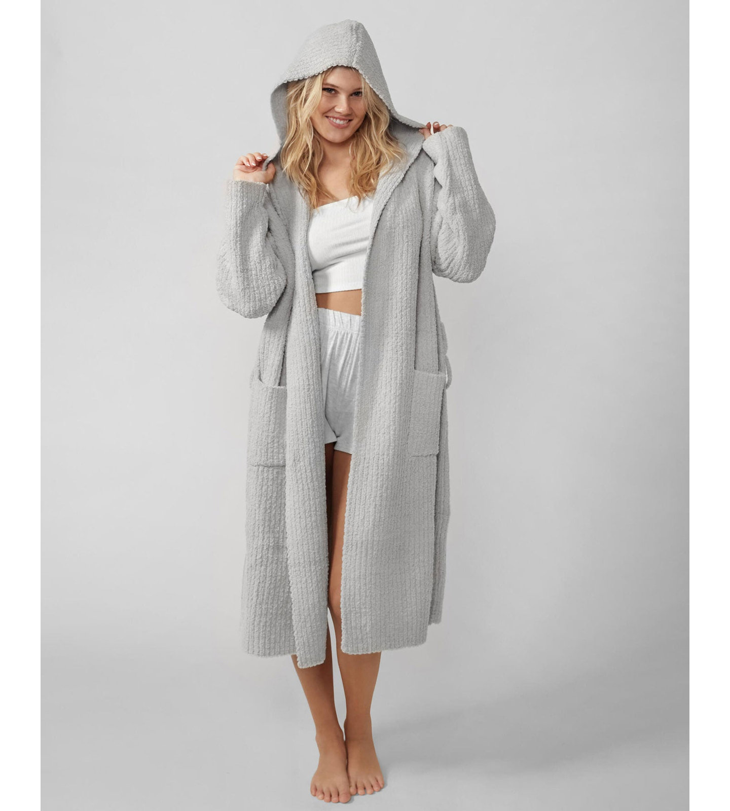 Ribbed Microfiber / Microsuede Fleece Mid-Calf Bathrobe with Pockets and Hood, Cloud Gray, XL