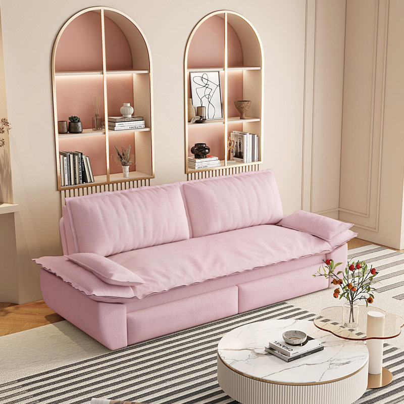 73.2" Queen Pull Out Sofa Bed,3-In-1 Convertible Sleeper Sofa,Multi-Functional Velvet Loveseat Bed, Pink