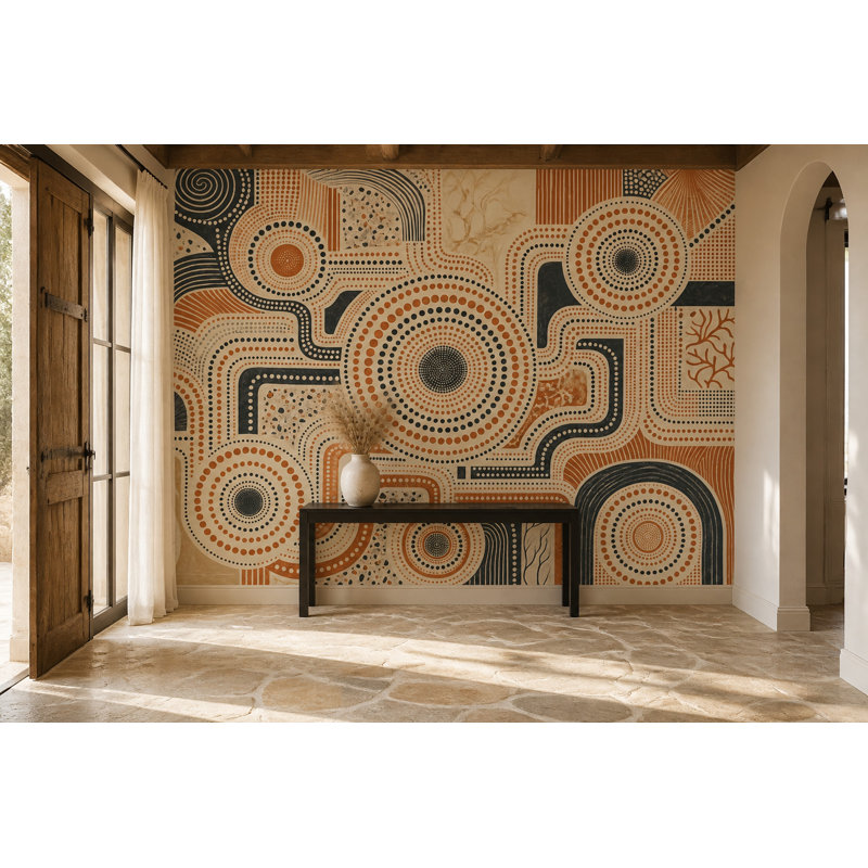 Papier peint abstrait cercles terre cuite, 120 po x 96 po, Peler et coller