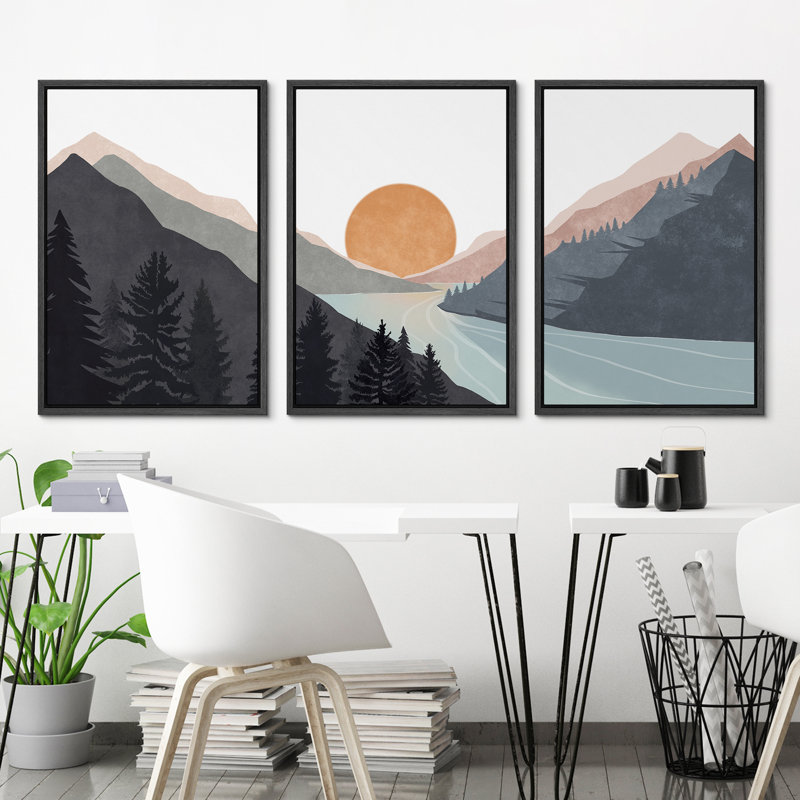 «Sun Mountain Landscape Range Abstract Lake Nature», ensemble de 3 reproductions d'art sur toile encadrées, Noir