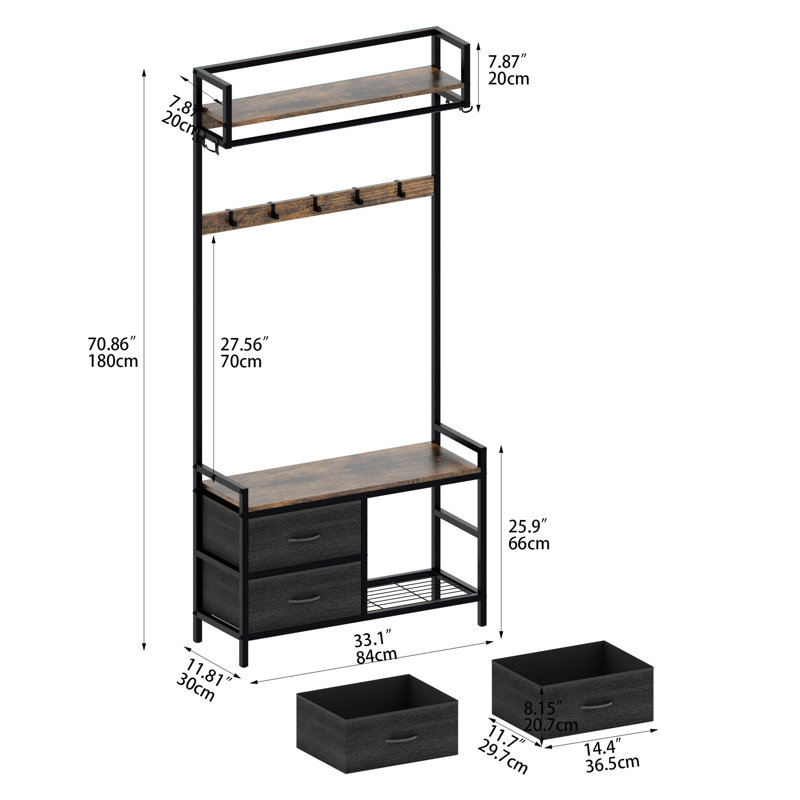 Hall Tree With 2 Movable Drawers, Shoe Storage, Shelves And Garment Racks, 5-In-1 Entryway Bench With 23 Hooks (Fixed And Movable)