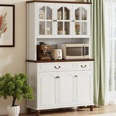 Elegant White Farmhouse Kitchen Buffet Storage Cabinet with 6 Glass Doors, 2 Drawers & Adjustable Shelves by Darby Home Co