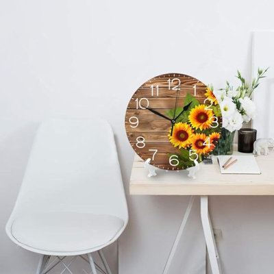 Horloge murale ronde avec tournesols et horloges décoratives silencieuses en bois silencieuses à piles pour la maison Cuisine Chambre à coucher