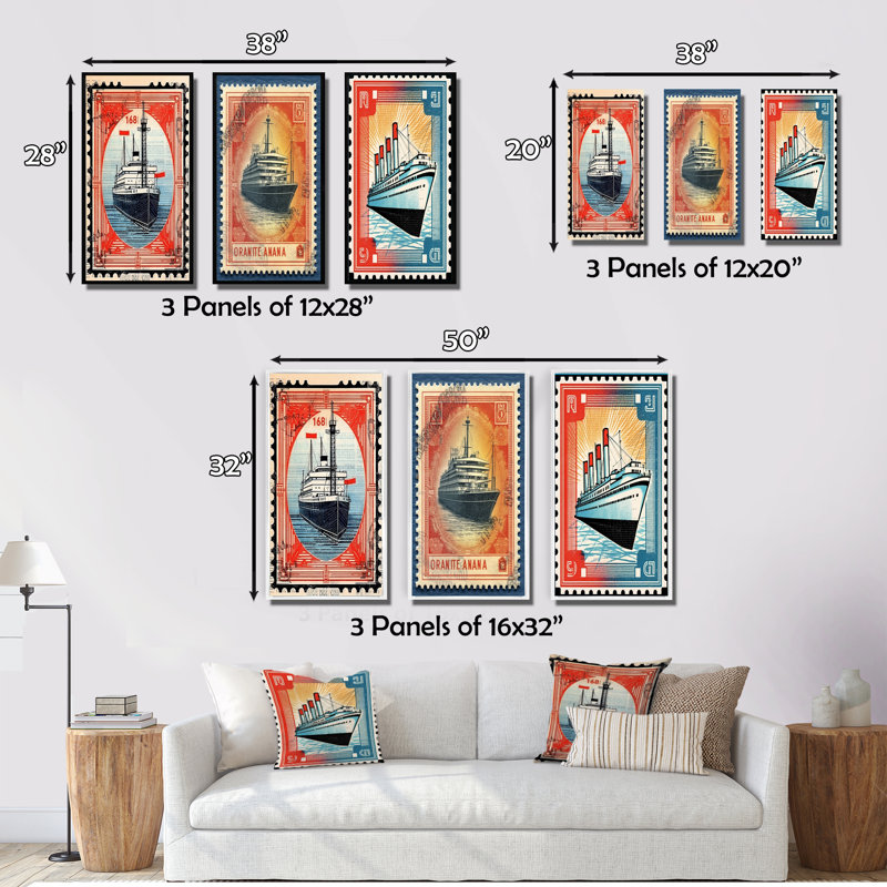 «Vintage Post Stamo RMS TItanic», 3 pièces sur toile, Cadre naturel flottant, H 32 po x l 48 po