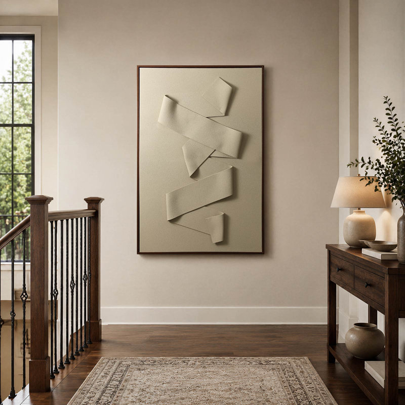Art mural surdimensionné encadré pour le salon et l'entrée, relief dimensionnel en forme de ruban crème sur fond gris chaud avec cadre de couleur noyer, 32 x 48 pouces