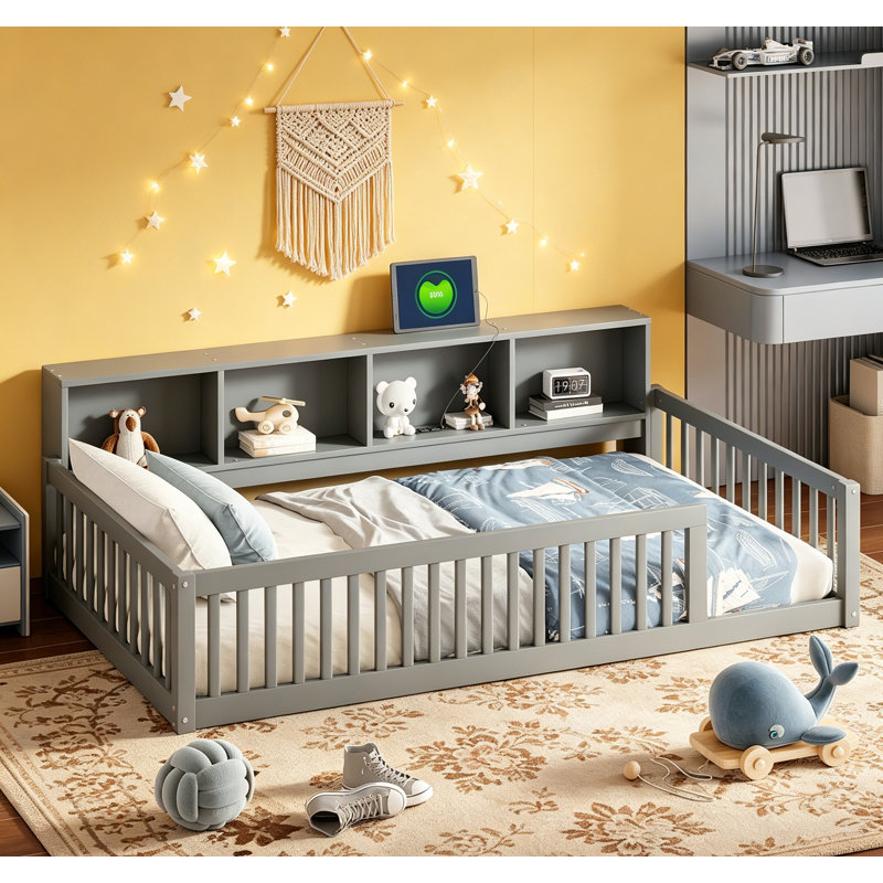 Lit en bois simple TG avec armoires de rangement et ports USB, gris, conception compacte pour les chambres modernes