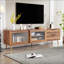 Meuble télé en bois avec porte coulissante en verre trempé, console multimédia moderne avec tiroirs et rangement ouvert