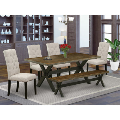 Ensemble de salle à manger 6 pièces comprenant une table rectangulaire à pattes en X, 4 chaises de style Parson en lin recouvert de tissu peau de suède et un banc, multicolore