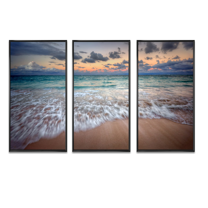 Waves Crashing Serene Seashore " Waves Crashing Serene Seashore " 3 - Pieces, 28" H x 36" W x 1" D, Black Framed
