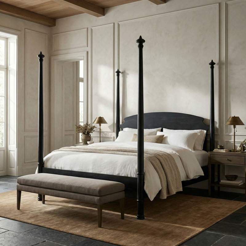 New Douglas Solid Wood Four Poster Bed, Eastern King, Hand Rubbed Black