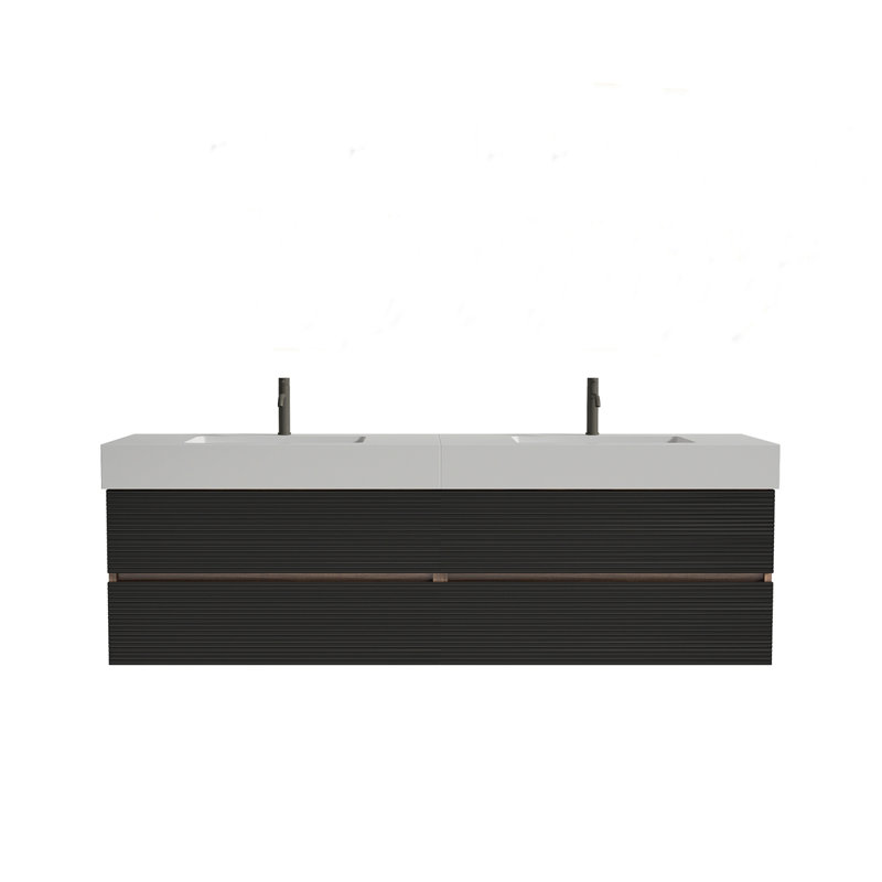 Meuble-lavabo 72 po (36 po * 2) Grace avec lavabo en quartz noir mat et tiroirs noirs doux, meuble-lavabo mural flottant, lavabo une pièce blanc brillant, KD