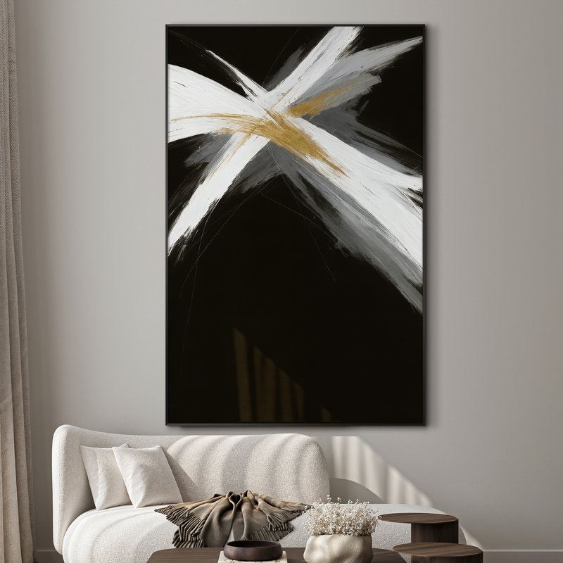 Très grande impression d'art abstrait coup de pinceau abstrait - coups blancs et dorés sur fond noir, décoration d'art moderne pour le salon ou la chambre à coucher, assemblage de cadre requis