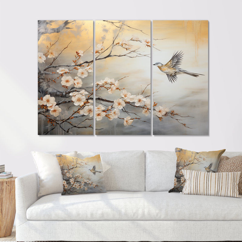 Oiseaux gris et blancs sur un arbre floral III - art mural oiseau, H 40 po x l 61 po