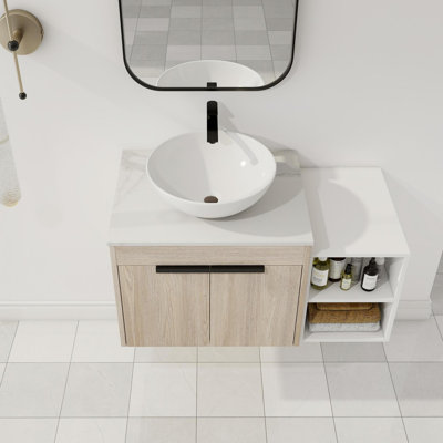 Modern Design Float Bathroom Vanity With Ceramic Art Sink, White Flat Stone Slab and Small Storage Shelves,  Soft Closed Door