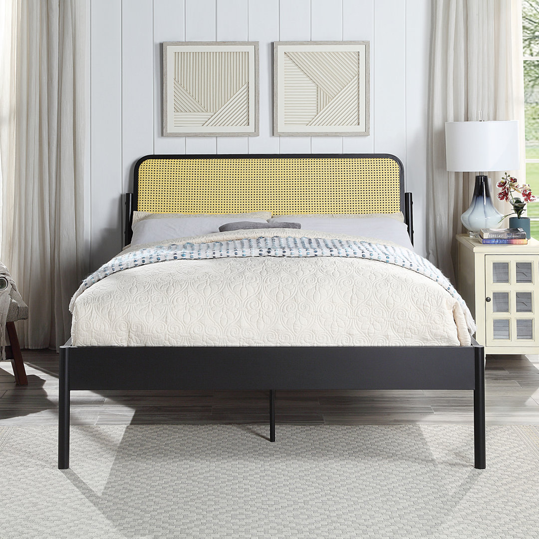 Alishea Black Metal Rattan Headboard Double Bed Frame
