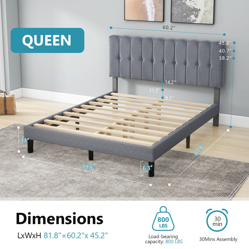 Structure de lit plateforme Jayla avec tête de lit réglable et support à lattes, aucun sommier nécessaire, Grand, Gris clair