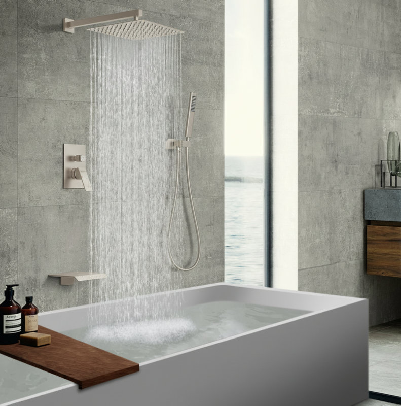 Male NPT Brushed Nickel Shower System, 12 Inch Shower Fixtures Rain Shower Head with Handheld Shower Spray, Wall Mount Shower Faucet Set for Bathroom(Pressure Balance Shower Trim Valve Kit Included)