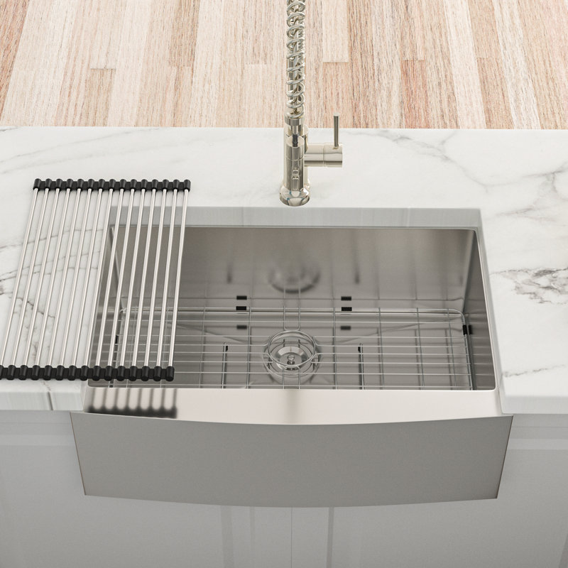 Évier de cuisine à tablier frontal en acier inoxydable T304 de calibre 16 de 24 po de profondeur, guide d'eau en forme de X pour un drainage en douceur, coin arrondi R10, revêtement à condensation, coussin de 3 m, ensemble avec ensemble de drain et
