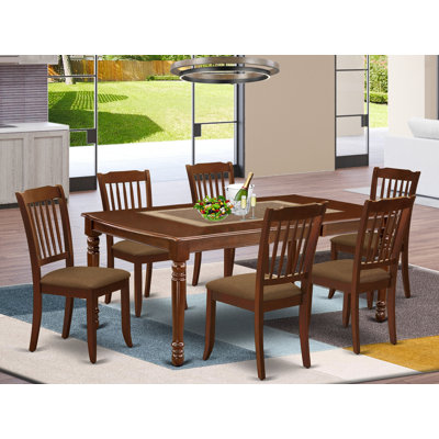 Ensemble de table de salle à manger 9 pièces comprenant une table de salle à manger rectangulaire avec rallonge papillon et 8 chaises en tissu de lin, acajou