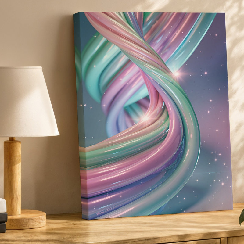 Toile, composition abstraite tourbillonnante avec des couleurs pastel fluides, principalement des roses douces, des menthe verte et des toiles