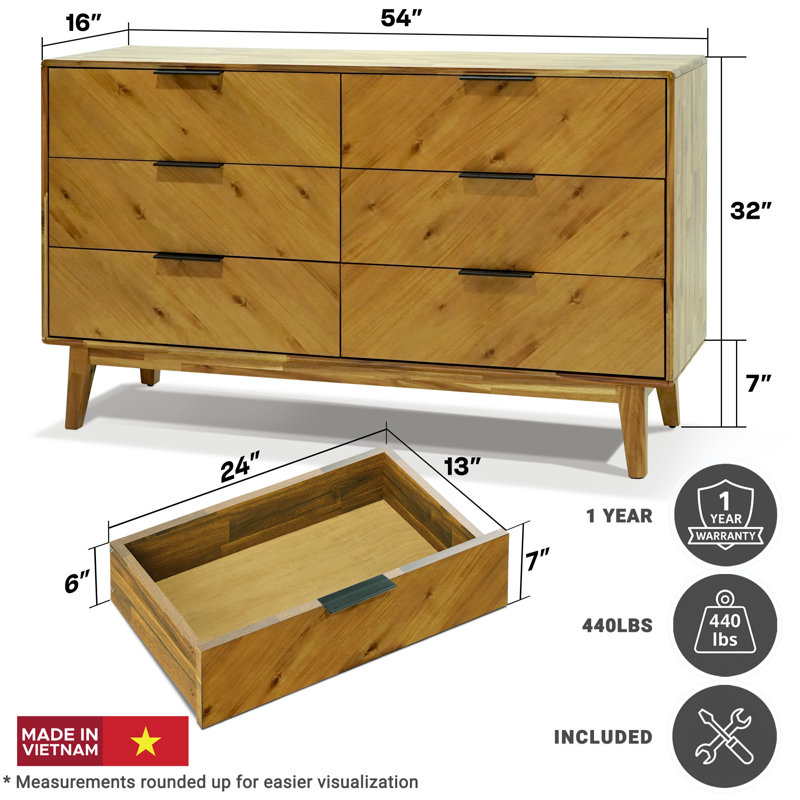 54" Solid Acacia 6-Drawer Dresser, Minimalist Architectural Statement Chest for Bedroom & Living Room, Oak