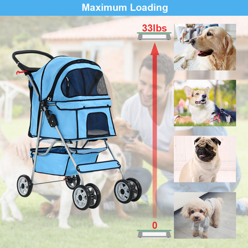 Blue Foldable Pet Jogger Stroller with Mesh Windows
