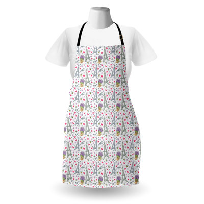 Bungalow Rose Eiffel Tower Apron Unisex Romantic Doodle Items Adult Size Pink Multicolor