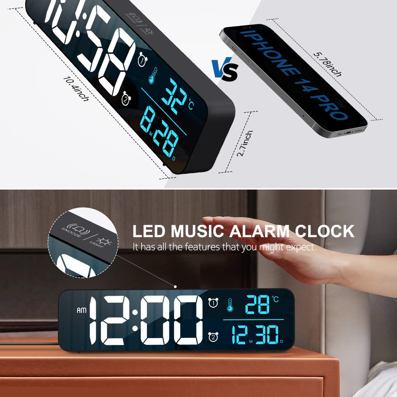 Digital Clock, Large Display Digital Clock, Wired Black + Blue Numbers