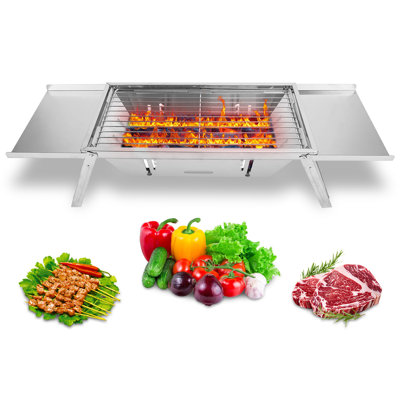 Barbecue au charbon pliable 3-en-1, foyer portatif en acier inoxydable avec tablettes latérales pour 2 à 3 personnes