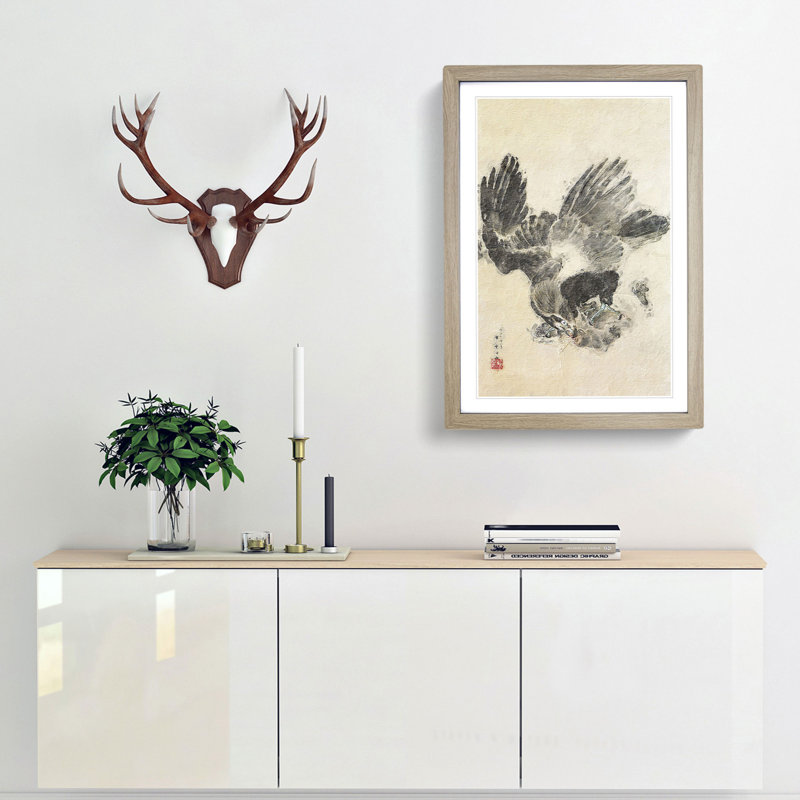 Eagle Attacking a Monkey by Kawanabe Kyosai - Picture Frame Painting Print, 65cm H x 48cm W x 2cm D, Oak Framed