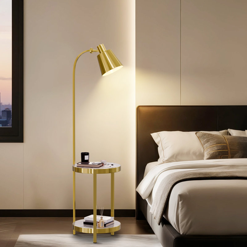Modern Floor Lamp With 2-Tier End Bedside Tables Storage Shelves Accent Light