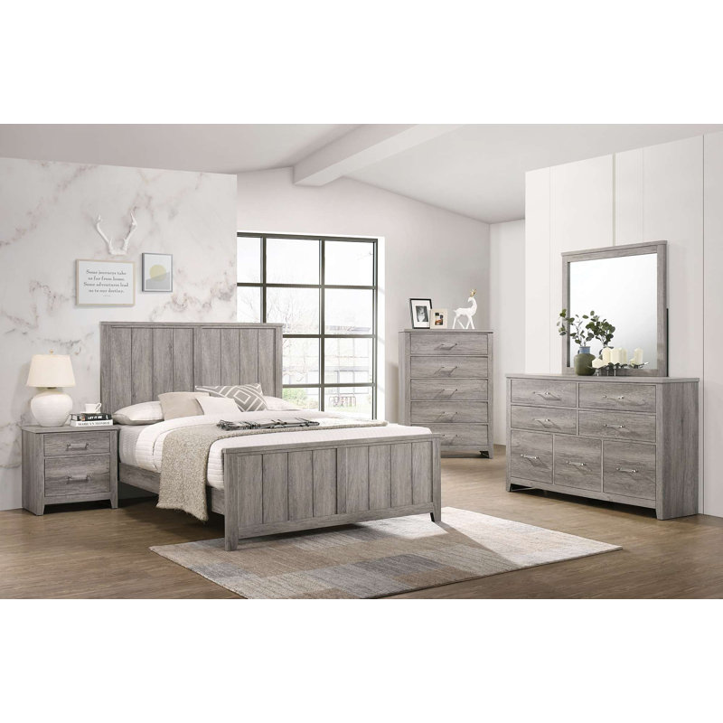 Ensemble de chambre à coucher grand lit 6 pièces en gris avec lit à panneaux, commode, miroir, commode et 2 tables de chevet
