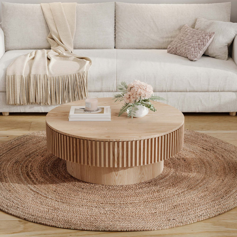 31.5" Modern Round Coffee Table With Storage Solid Wood Veneered Coffee Table Accent Tea Table, Natural