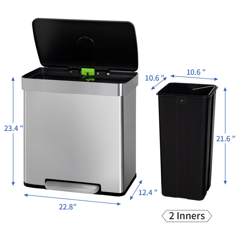 Poubelle de 60 litres à fermeture en douceur et résistante à l'eau avec poubelle en acier inoxydable brossé à pédale et deux poubelles indépendantes pour la cuisine dans la salle de bain, en acier inoxydable