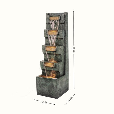 Fontaine cascade 39,4 pouces de haut à 4 niveaux avec lumières DEL chaudes, résine aspect pierre pour la décoration extérieure