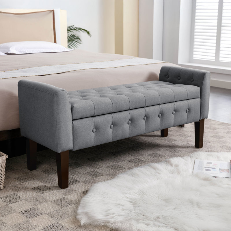 Banc de rangement en tissu Anvee avec pieds en bois d'hévéa, Gris foncé