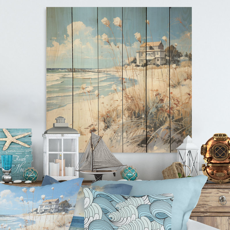 «Coastal Beach Charm Retreat I», art mural sur bois de pin côtier naturel, H 25 po x l 25 po