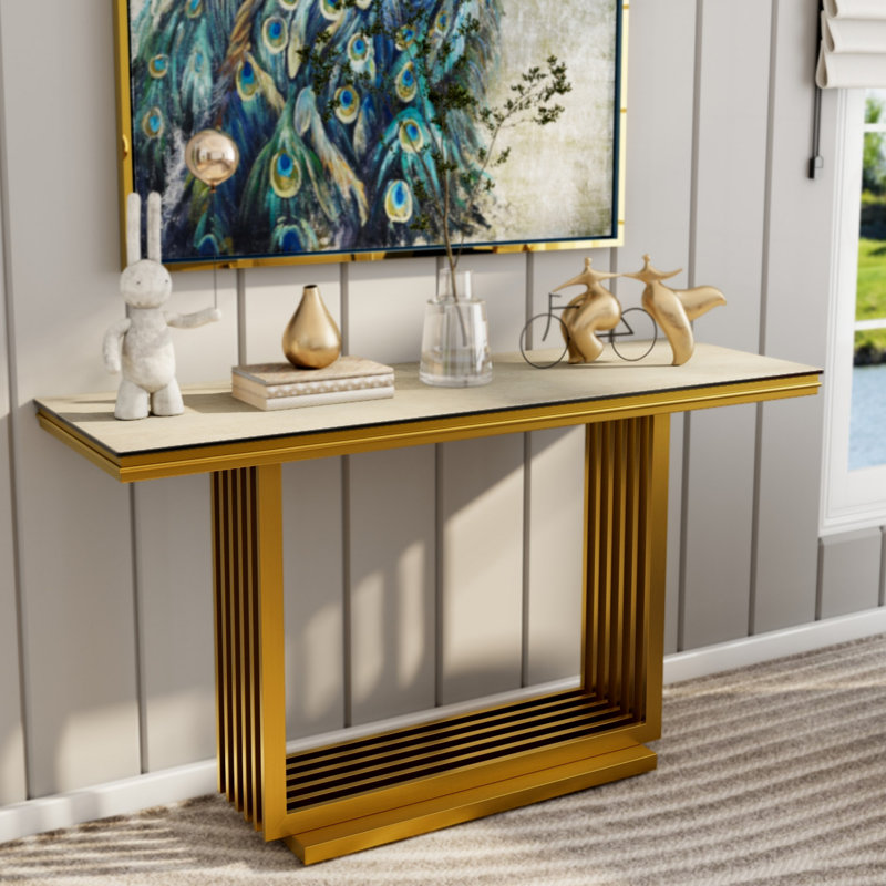 Console en verre, Doré, Beige