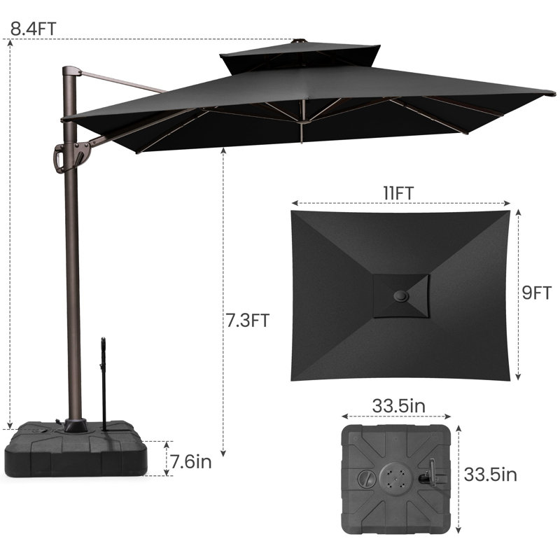  Parasol rectangulaire en porte-à-faux 9 pi x 11 pi, base de contrepoids incluse - déplaçable sans effort par une seule personne