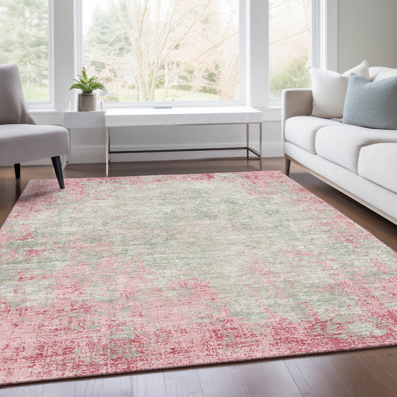 Tapis rose Prisco lavable à la machine de qualité supérieure, Rectangulaire 8 pi x 10 pi