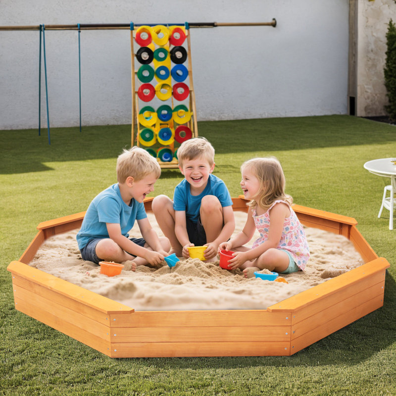 Kids Sandbox with Canopy, Outdoor Wooden Sand Box with Seats, Octagon Backyard Sandbox with Bottom Liner