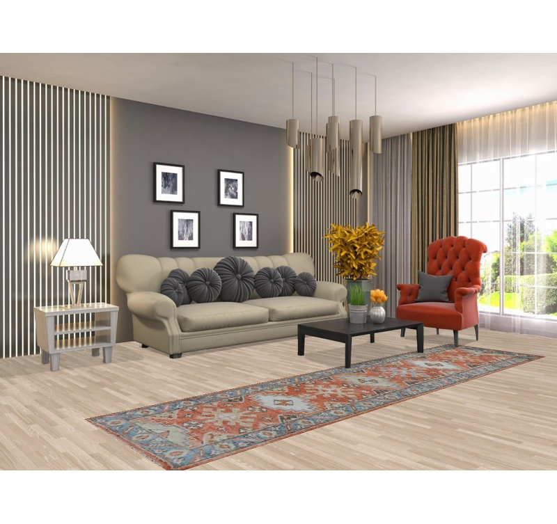 Tapis de couloir indien orange à motif géométrique Oushak 3 x 10