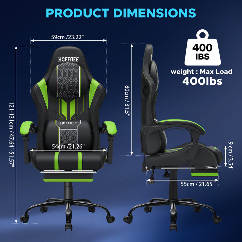  Fauteuil de jeu ergonomique avec haut-parleurs à lumières RVB et massage, Vert