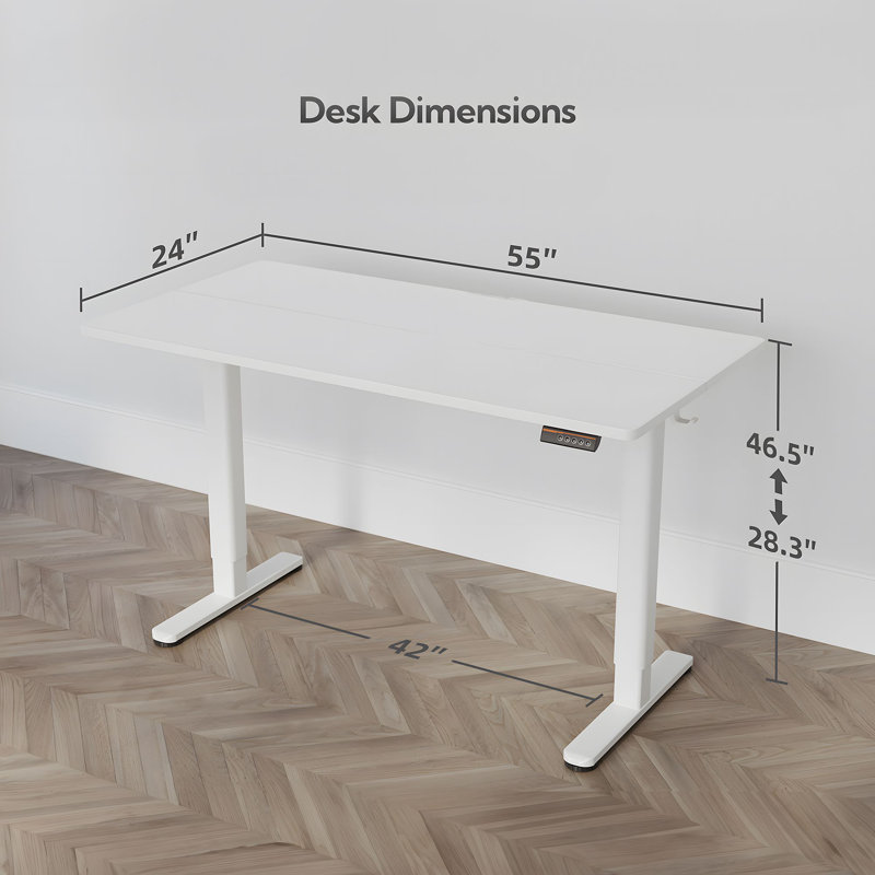 Bureau debout électrique à hauteur ajustable avec crochets, H 46,5 po x l 55 po x P 24 po, Blanc / blanc